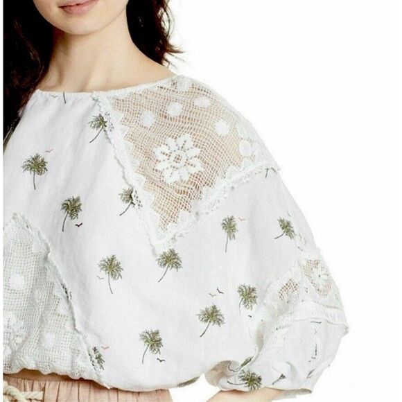 EUC Free People Palms Print Linen Cotton Blouse - Picture 2 of 13